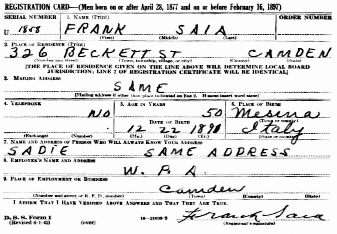 Frank Saia Family, 326 Beckett Street, World War II