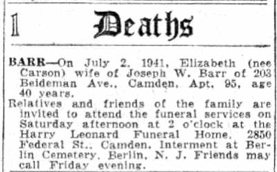 Elizabeth Barr death notice — Camden Courier-Post, July 4, 1941