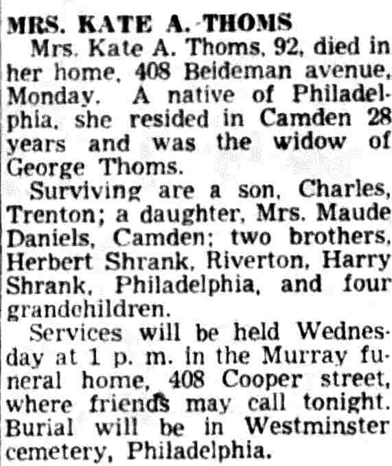 Mrs. Kate A. Thoms — Camden Courier-Post, November 6, 1951