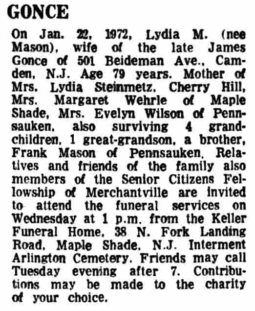 Gonce obituary — Camden Courier-Post, January 25, 1972