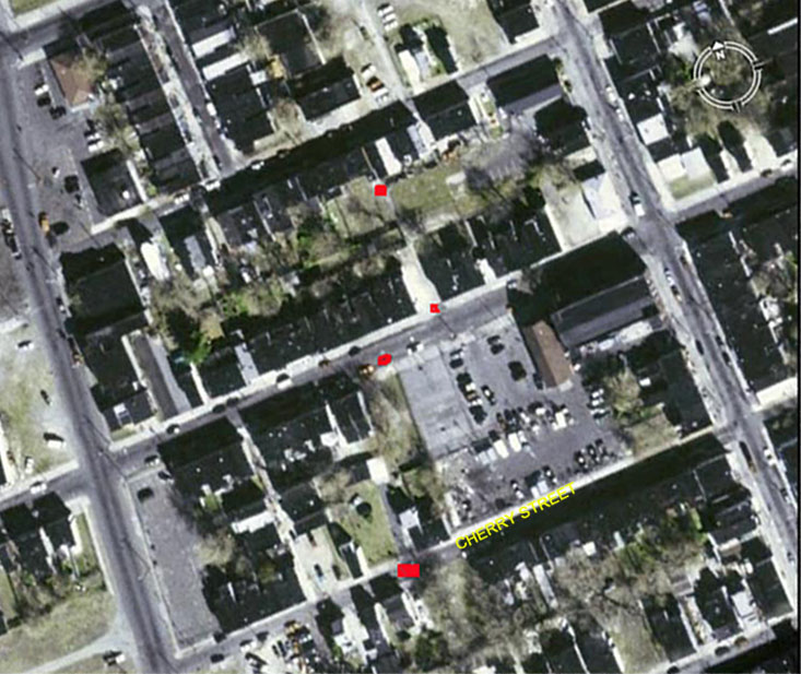Bella Place in 2006, with beginnings and endings marked by red rectangles
