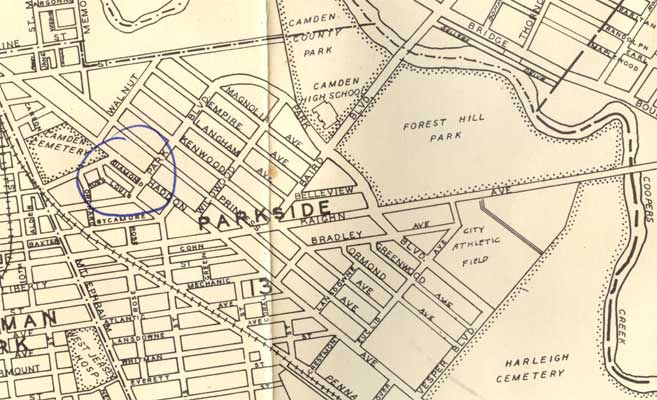 1946 map of the Parkside neighborhood showing Belleview Avenue running east to west parallel to Kaighn Avenue