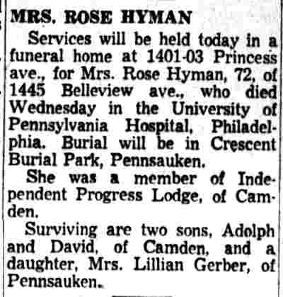 Camden Courier-Post, February 2, 1956 — obituary for Mrs. Rose Hyman of 1445 Belleview Avenue