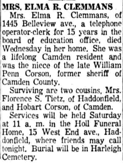 Camden Courier-Post, October 4, 1957 — obituary for Mrs. Elma R. Clemmans of 1445 Belleview Avenue