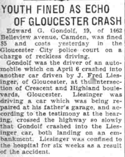 Camden Courier-Post, June 2, 1932 — Youth Fined as Echo of Gloucester Crash, Edward G. Gondolf