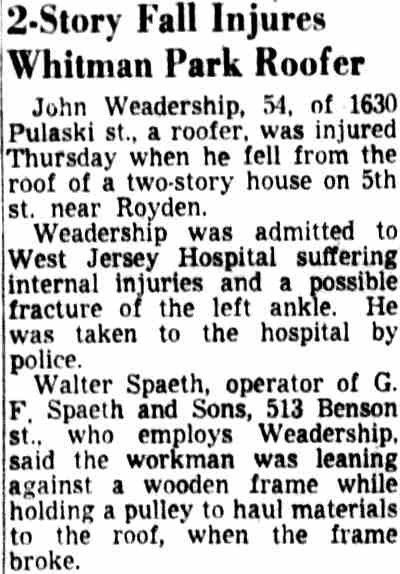 2-Story Fall Injures Whitman Park Roofer — Camden Courier-Post, June 13, 1952