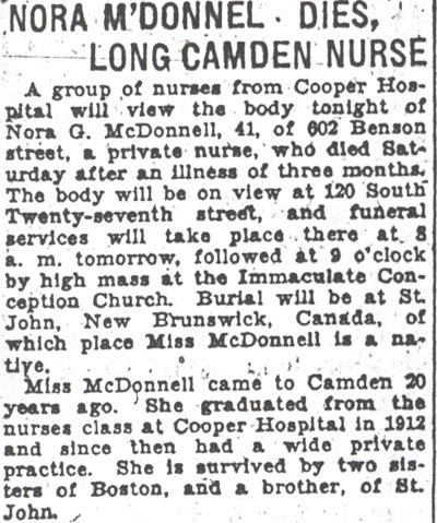 602 Benson Street, Nora G. McDonnell, Camden Courier-Post, April 13, 1930