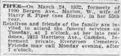 Obituary for Marion W. Piper, formerly of 1100 Bergen Avenue, services at 2813 Harrison Avenue, Camden Courier-Post, March 28, 1932