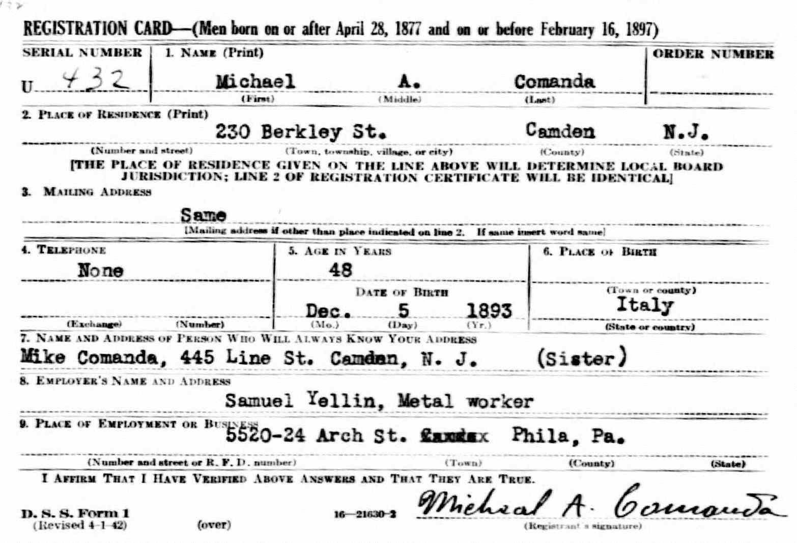 Michael A. Comanda — World War II Draft Registration Card - World War II Draft Registration Card, 1942