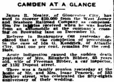 Camden At A Glance — Philadelphia Inquirer, March 5, 1916 — Mrs. Elizabeth Bibber, wife of Freeman Bibber at 1132 Dupont Street