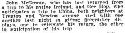 Newspaper item about John McGowan Jr. and Gee Hop at Newton and Trenton avenues, 1912