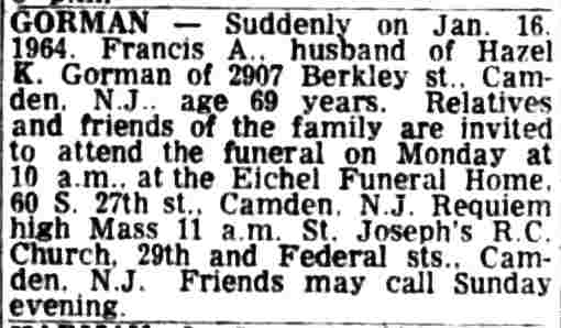 2907 Berkley Street — Francis A. Gorman obituary, January 17, 1964