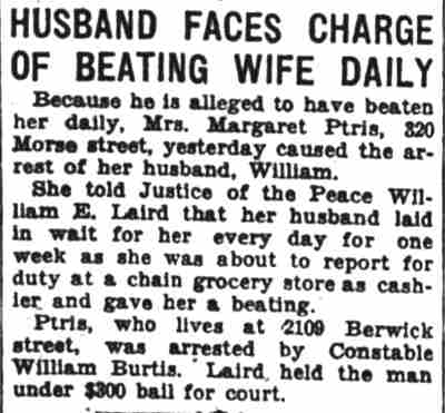 Husband Faces Charge Of Beating Wife Daily — William Petris of 2109 Berwick Street, Camden Courier-Post, January 25, 1930