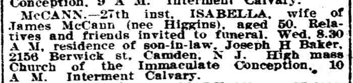 Obituary notice for Isabella McCann, wife of James McCann, 2156 Berwick Street, Philadelphia Inquirer, April 29, 1912