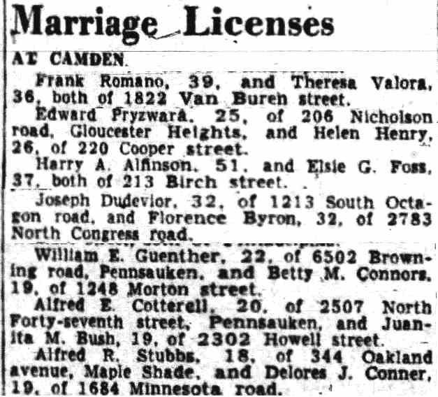 Marriage Licenses, Camden Courier-Post, August 2, 1949