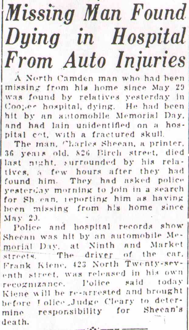 Missing Man Found Dying in Hospital From Auto Injuries, Camden Courier, June 6, 1925