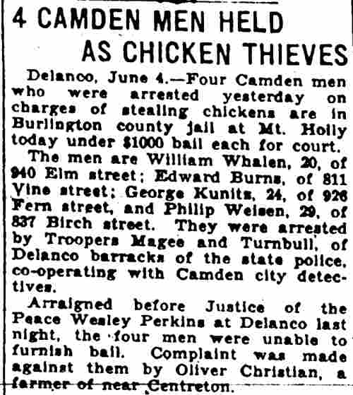 4 Camden Men Held as Chicken Thieves — Camden Courier-Post, June 4, 1930