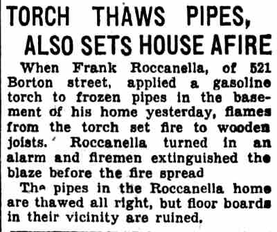 Torch Thaws Pipes, Also Sets House Afire — Frank Roccanella of 521 Borton Street, Camden Courier-Post, December 2, 1936