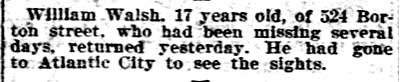 William Walsh of 524 Borton Street returns after going missing, Philadelphia Inquirer, May 16, 1906