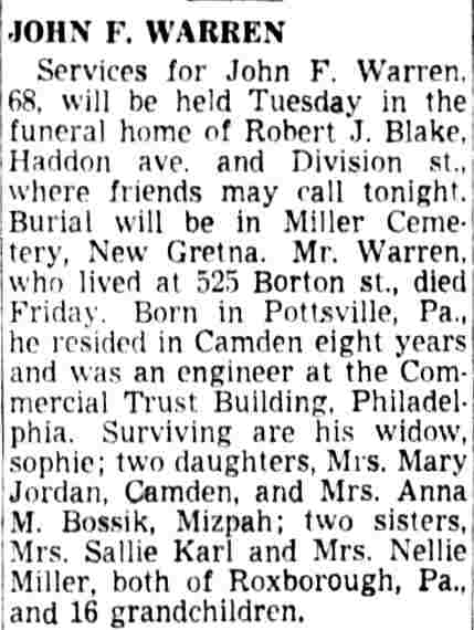 Obituary for John F. Warren of 525 Borton Street, Camden Courier-Post, June 23, 1952