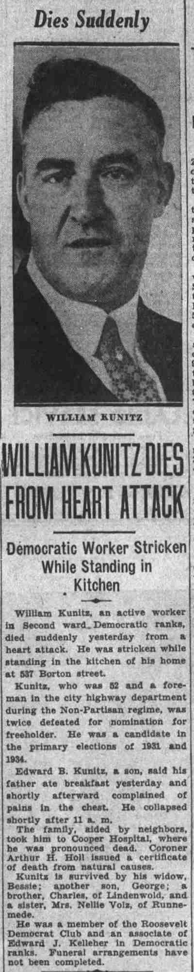 William Kunitz Dies From Heart Attack — William Kunitz of 537 Borton Street, Camden Courier-Post, October 15, 1934