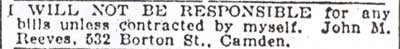 Legal notice from John M. Reeves of 532 Borton Street, Camden Courier-Post, February 22, 1927
