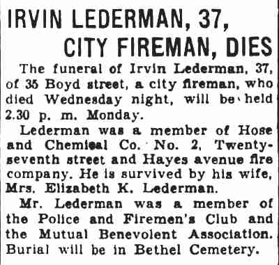 Irvin Lederman, 37, City Fireman, Dies — Camden Courier-Post, October 20, 1933