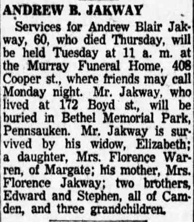 Andrew B. Jakway obituary — Camden Courier-Post, May 29, 1954