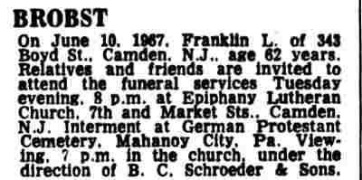 Brobst death notice — Camden Courier-Post, June 13, 1967