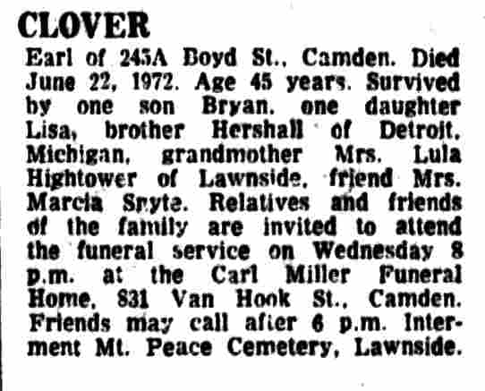 Clover death notice — Camden Courier-Post, June 26, 1972
