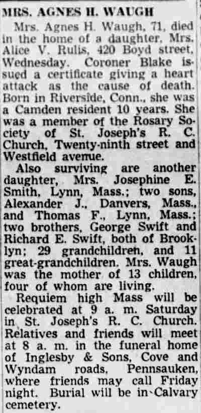 Mrs. Agnes H. Waugh obituary — Camden Courier-Post, November 17, 1949