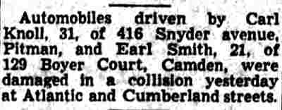 Automobile collision report mentioning Earl Smith of 129 Boyer Court, Camden Courier-Post, June 4, 1942