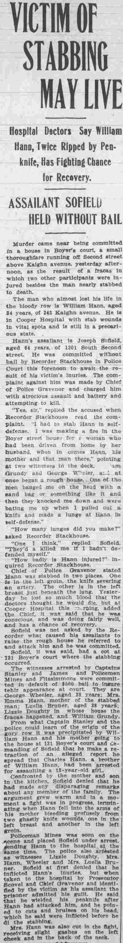 Victim of Stabbing May Live — assault case involving William Hann and Joseph Sofield at Boyer's Court, Camden Post-Telegram, September 20, 1909