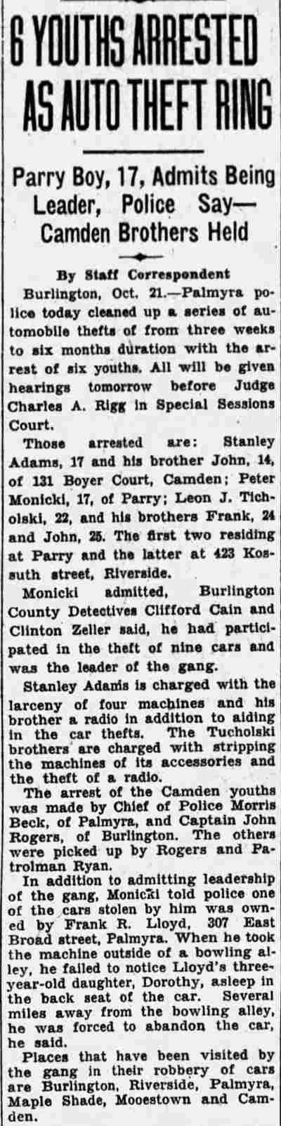 6 Youths Arrested as Auto Theft Ring — Stanley and John Adams of 131 Boyer Court among those arrested, Camden Courier-Post, October 22, 1931