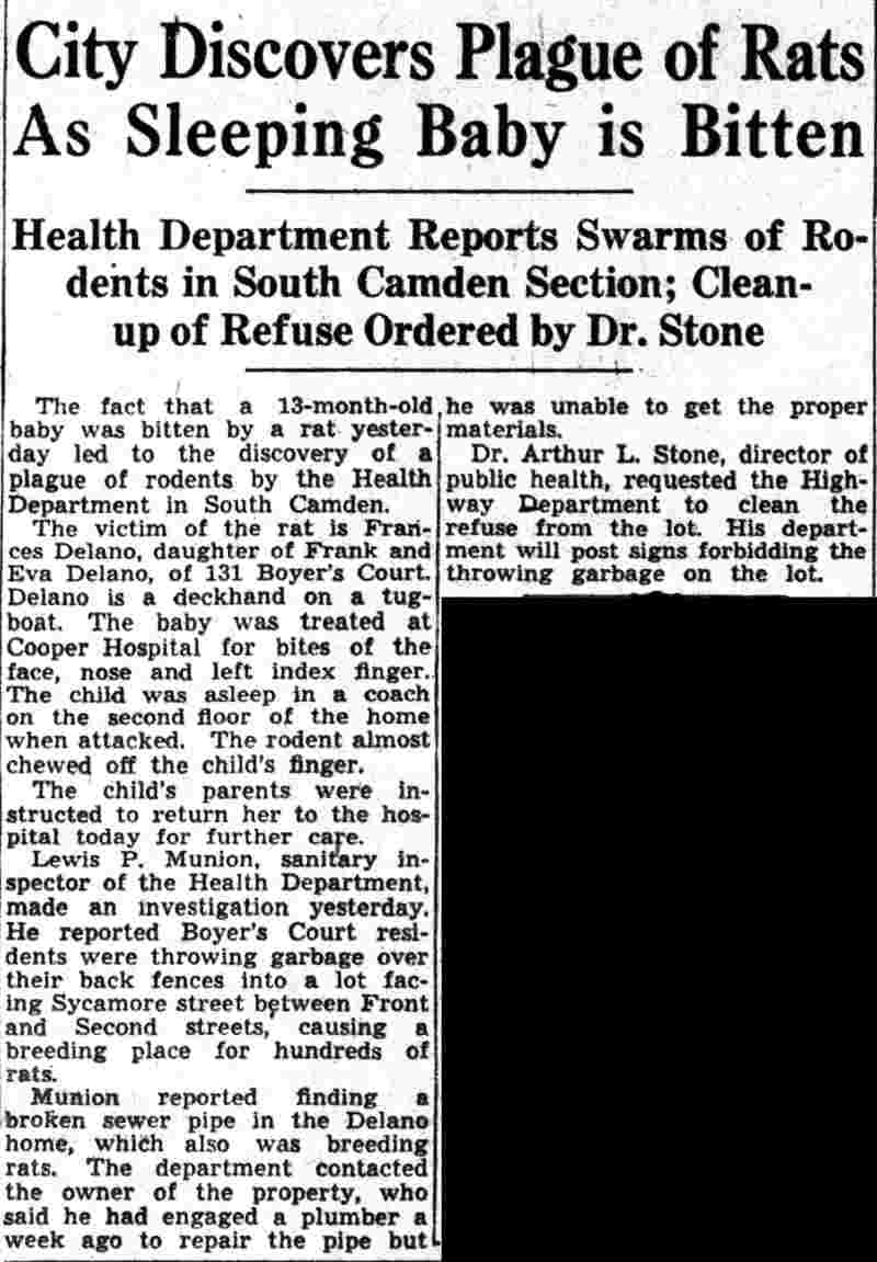 City Discovers Plague of Rats As Sleeping Baby is Bitten — Frances Delano of 131 Boyer's Court, Camden Evening Courier, October 28, 1941
