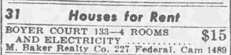 Houses for Rent classified advertisement for Boyer Court 133, Camden Courier-Post, March 11, 1943