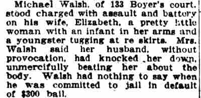 Michael Walsh of 133 Boyer's Court charged with assault on wife Elizabeth, Camden Post-Telegram, May 31, 1913