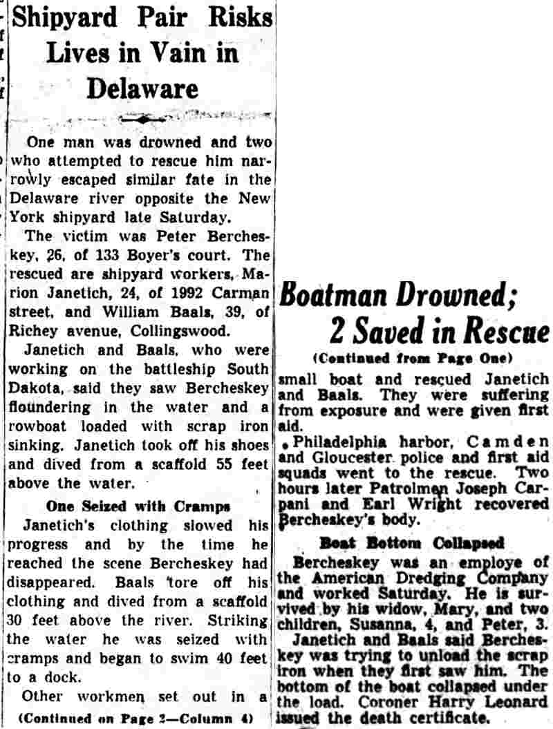 Shipyard Pair Risks Lives in Vain in Delaware — Peter Bercheskey of 133 Boyer's Court drowns in the Delaware River, Camden Courier-Post, November 4, 1940