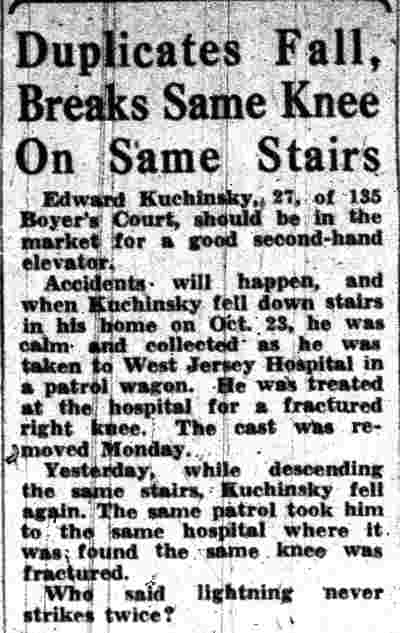 Duplicates Fall, Breaks Same Knee On Same Stairs — Edward Kuchinsky of 135 Boyer's Court, Camden Courier-Post, December 3, 1941