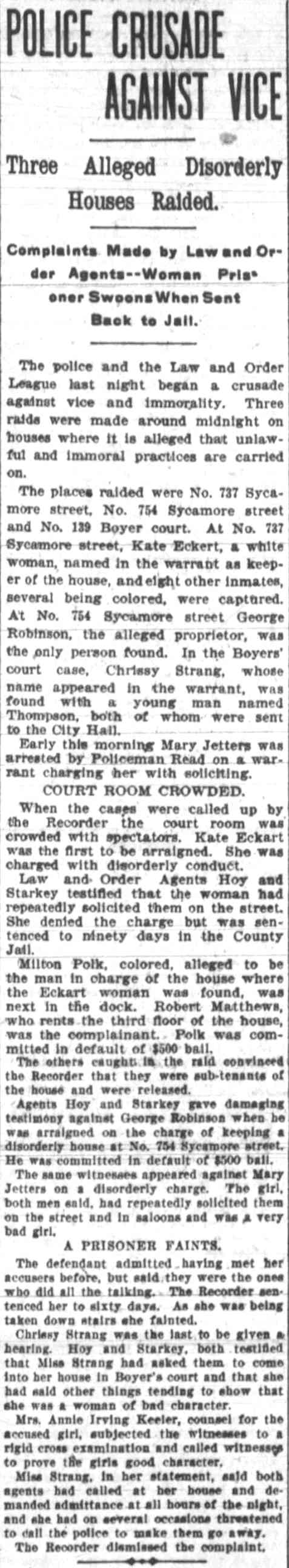 Police Crusade Against Vice — Chrissy Strang of 139 Boyer Court among those investigated in disorderly house raids, Camden Post-Telegram, June 28, 1901