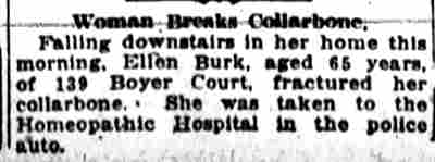 Woman Breaks Collarbone — Ellen Burk of 139 Boyer Court, Camden Post-Telegram, August 10, 1917