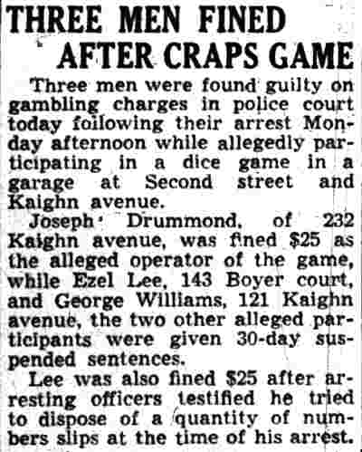 Three Men Fined After Craps Game — Ezel Lee of 143 Boyer Court among those fined, Camden Courier-Post, October 3, 1945