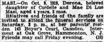 Death notice for Derona Masi of 143 Boyer's Court, Camden Post-Telegram, October 9, 1919