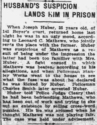 Husband's Suspicion Lands Him in Prison — Joseph Huber of 145 Boyer's Court arrested, Camden Post-Telegram, December 22, 1925