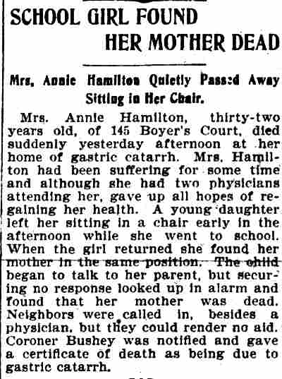 School Girl Found Her Mother Dead — Mrs. Annie Hamilton of 145 Boyer's Court, Camden Daily Courier, March 23, 1901