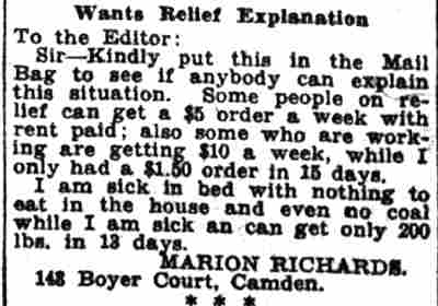 Letter to the editor from Marion Richards of 148 Boyer Court regarding relief payments, Camden Courier-Post, November 21, 1934