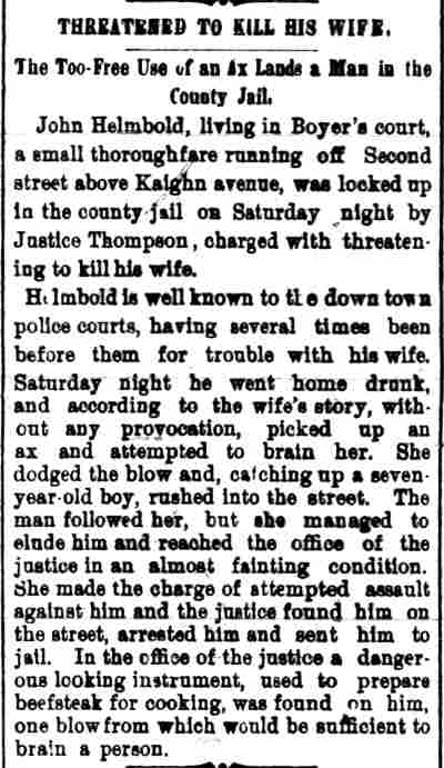Threatened to Kill His Wife — John Helmbold of Boyer's Court arrested, Camden Daily Courier, November 19, 1894