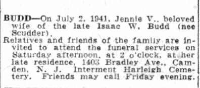 Jennie V. Budd obituary, Camden Courier-Post, July 4, 1941