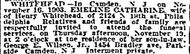 Emeline Catharine Whitehead obituary, Philadelphia Inquirer, November 16, 1903