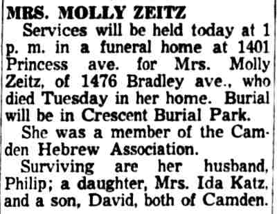 Mrs. Molly Zeitz obituary, Camden Courier-Post, February 15, 1956